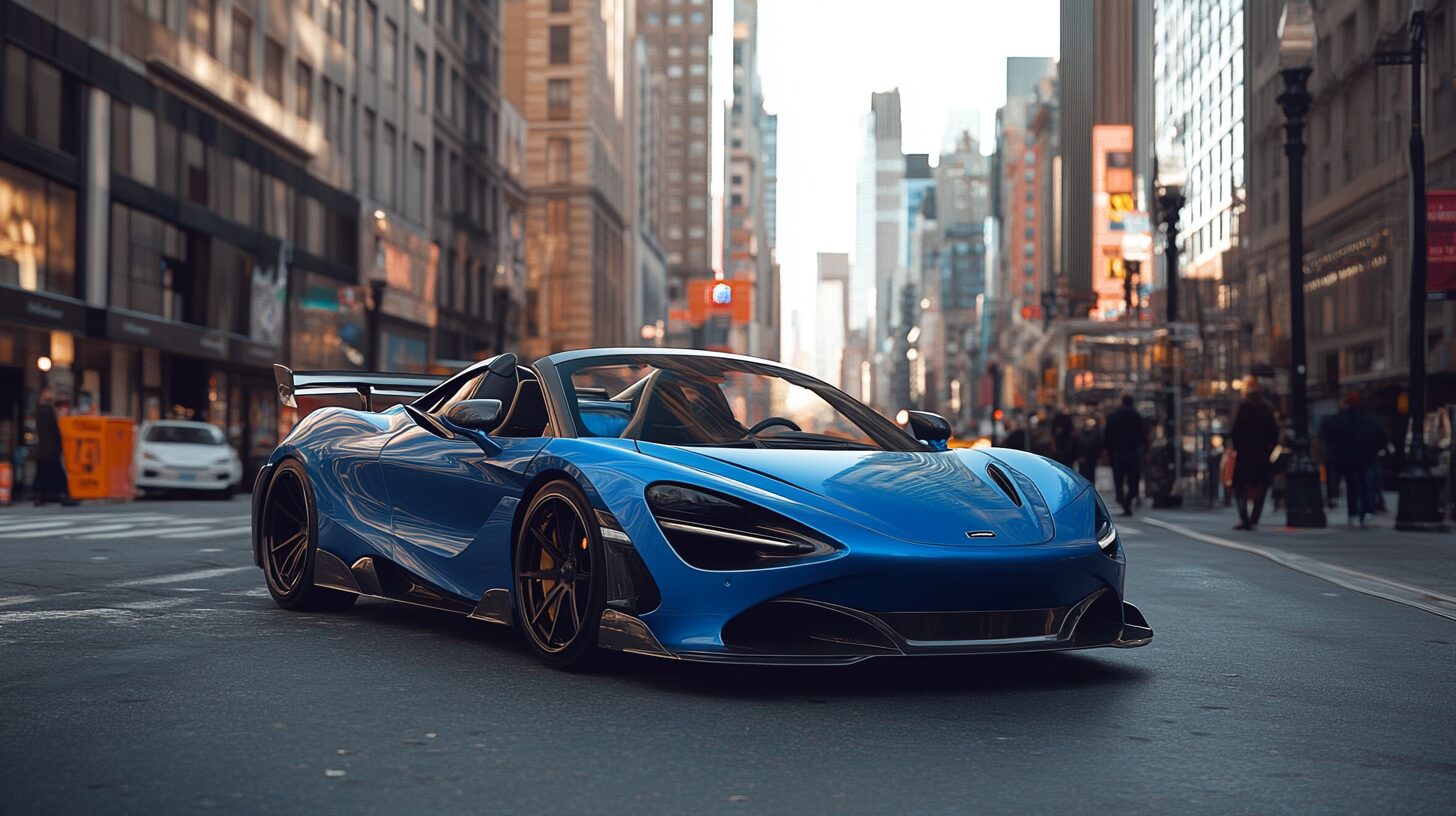 A sleek blue McLaren 720S sports car parked on a city street with tall buildings in the background.