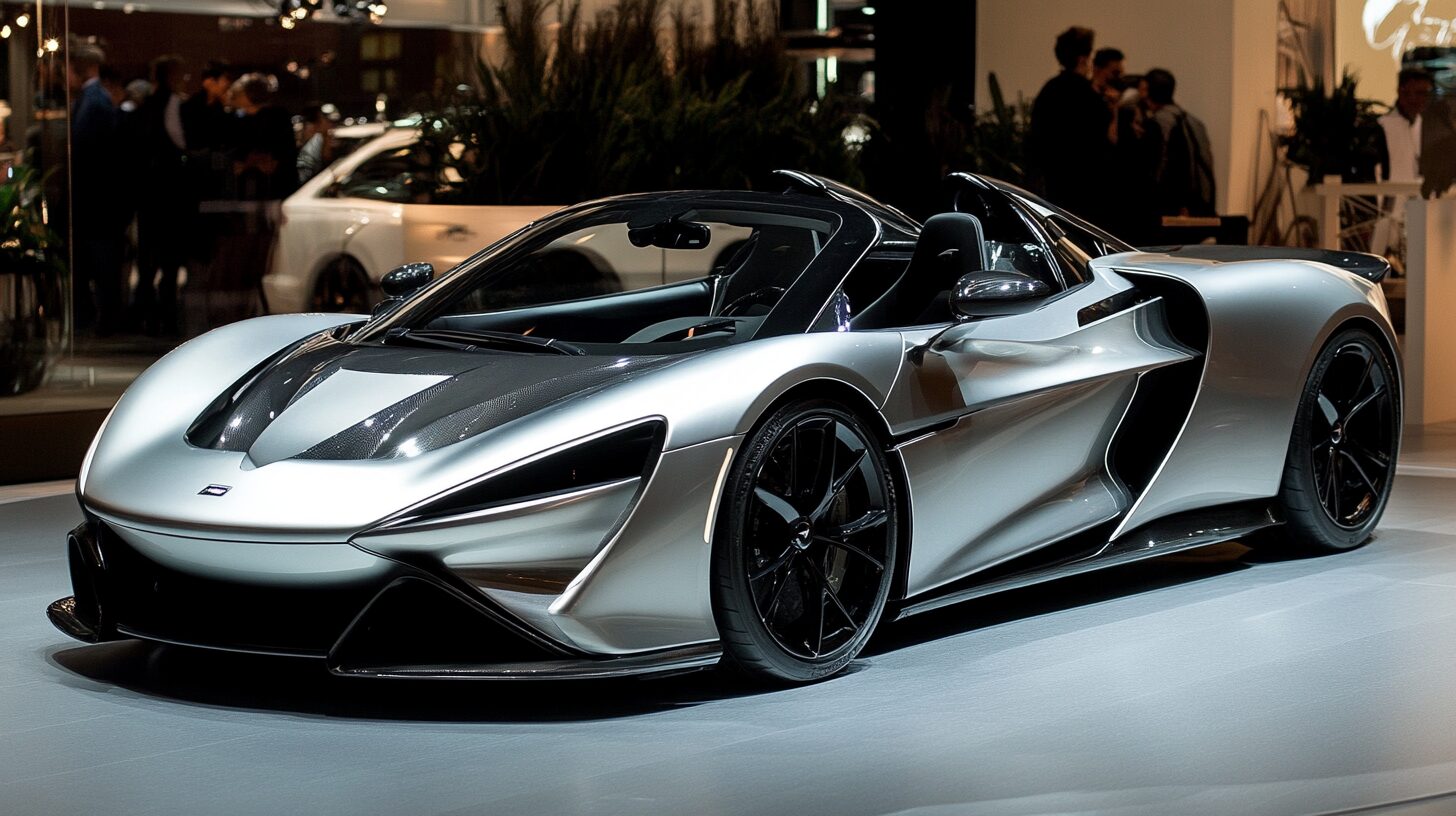 A sleek silver McLaren Elva, a high-performance open-cockpit roadster, is displayed on a showroom floor.
