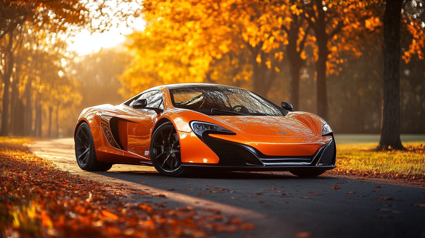 An orange McLaren 650S sports car on an autumn road with golden trees and fallen leaves.