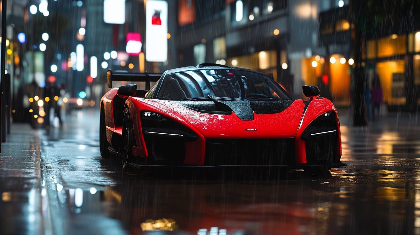 Red McLaren Senna parked on a wet city street at night, reflecting neon lights.
