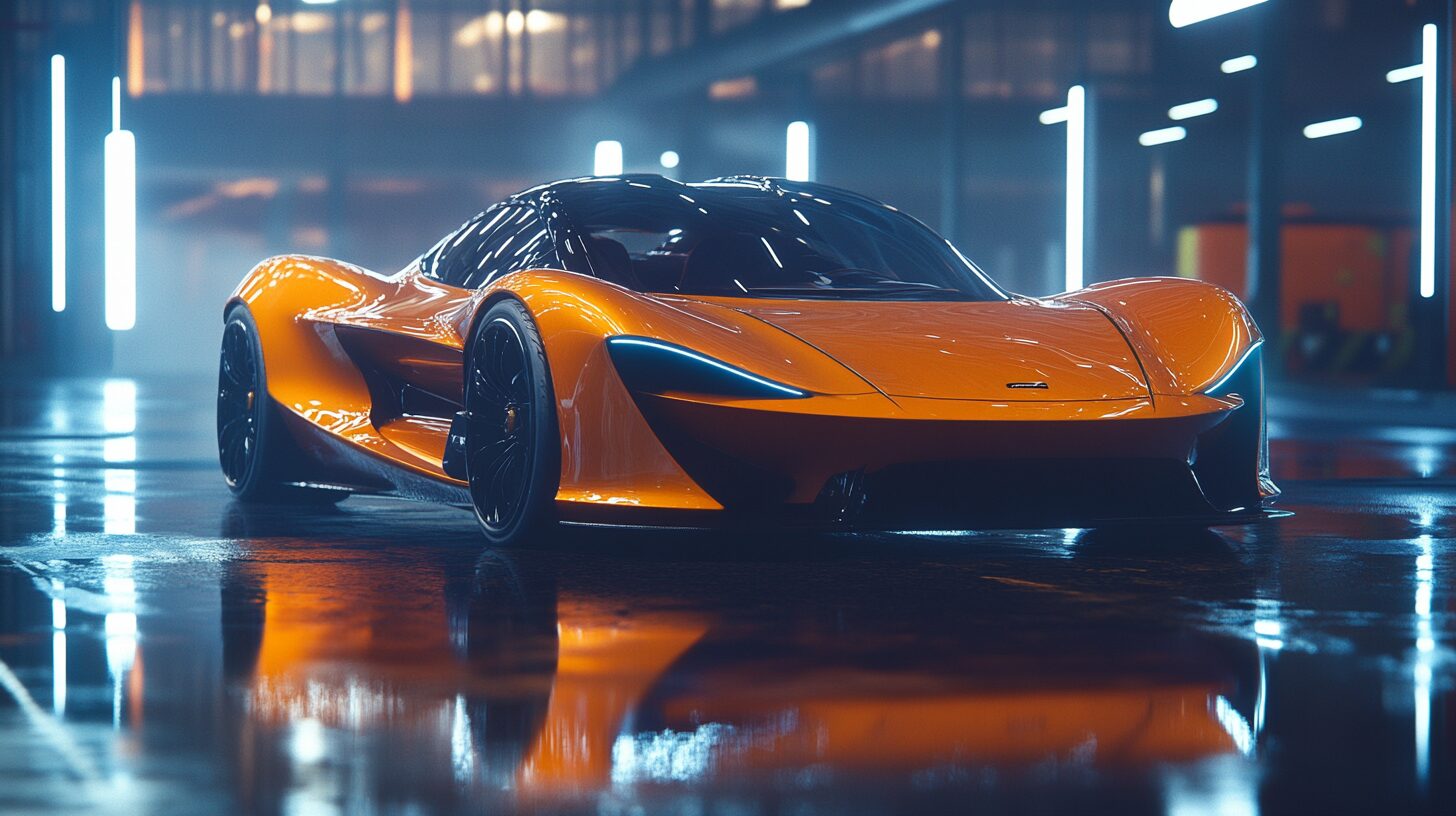 A sleek, orange McLaren Speedtail hypercar is parked on a wet, reflective surface in a dimly lit garage.