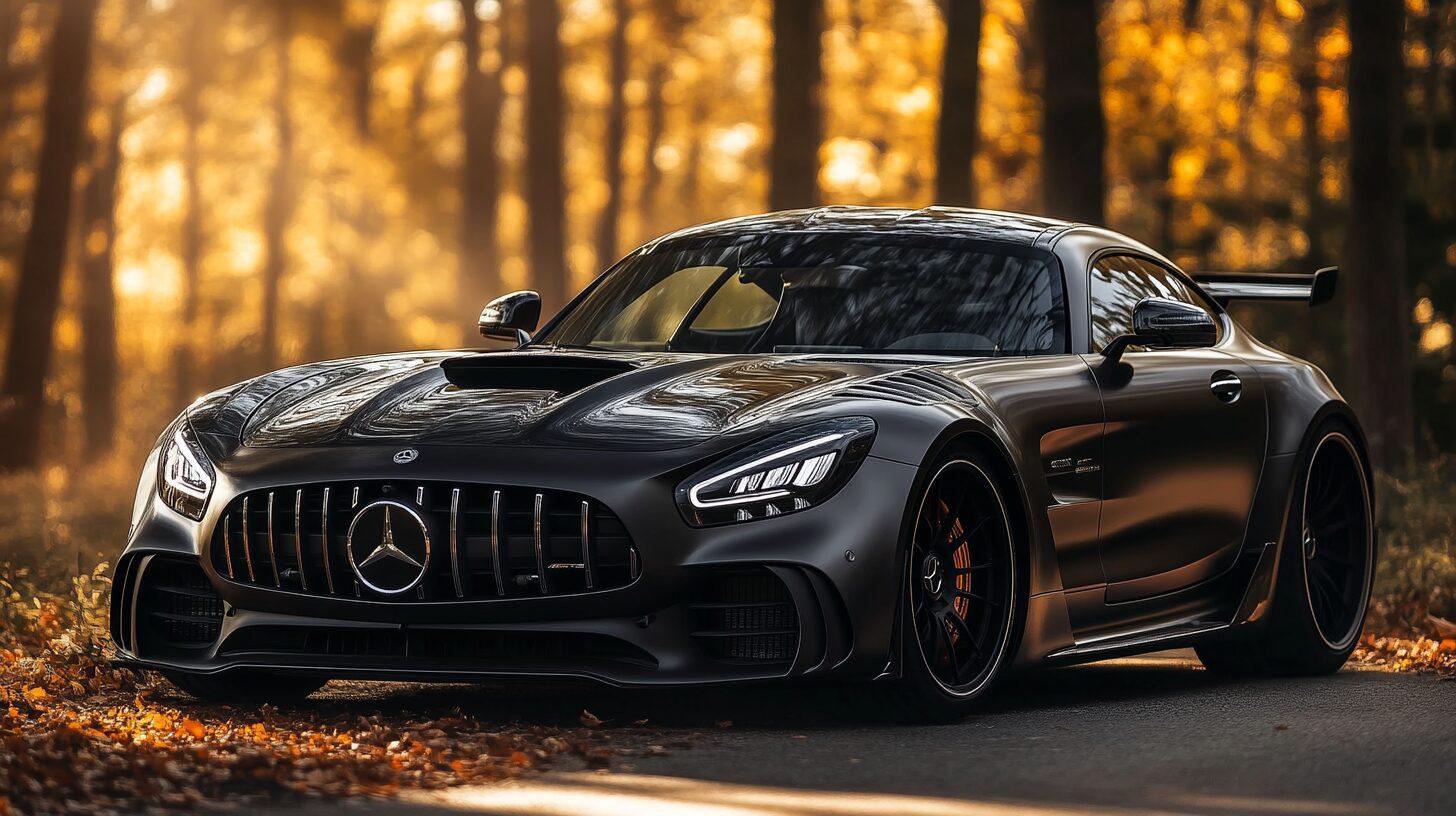 A sleek, black Mercedes-AMG GT Black Series sports car parked on an autumn road.