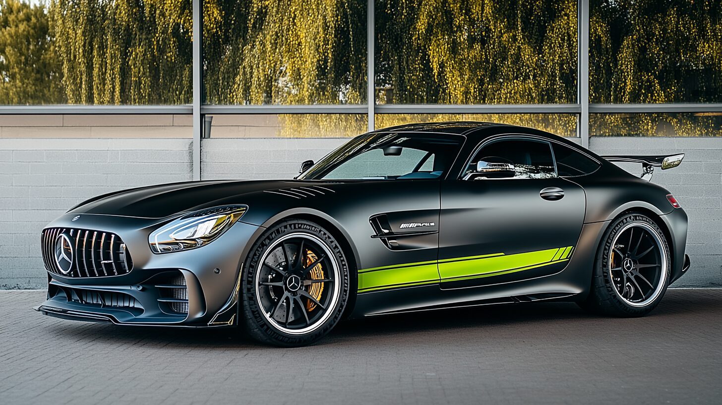 A matte black Mercedes-AMG GT R with vibrant lime green racing stripes on the side, parked outdoors.