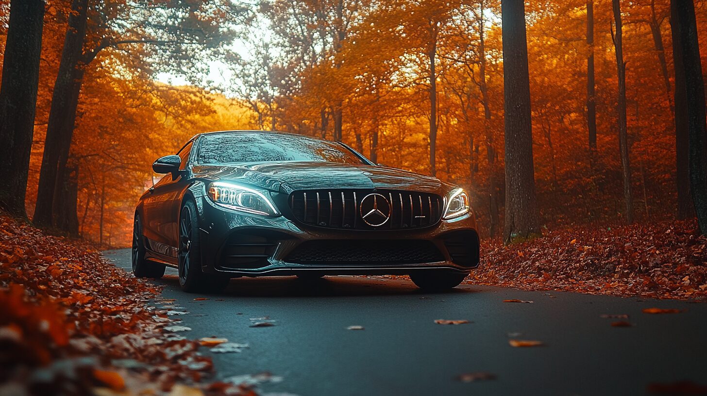 A black Mercedes-Benz C63 AMG drives on a winding road through an autumn forest with vibrant orange leaves.