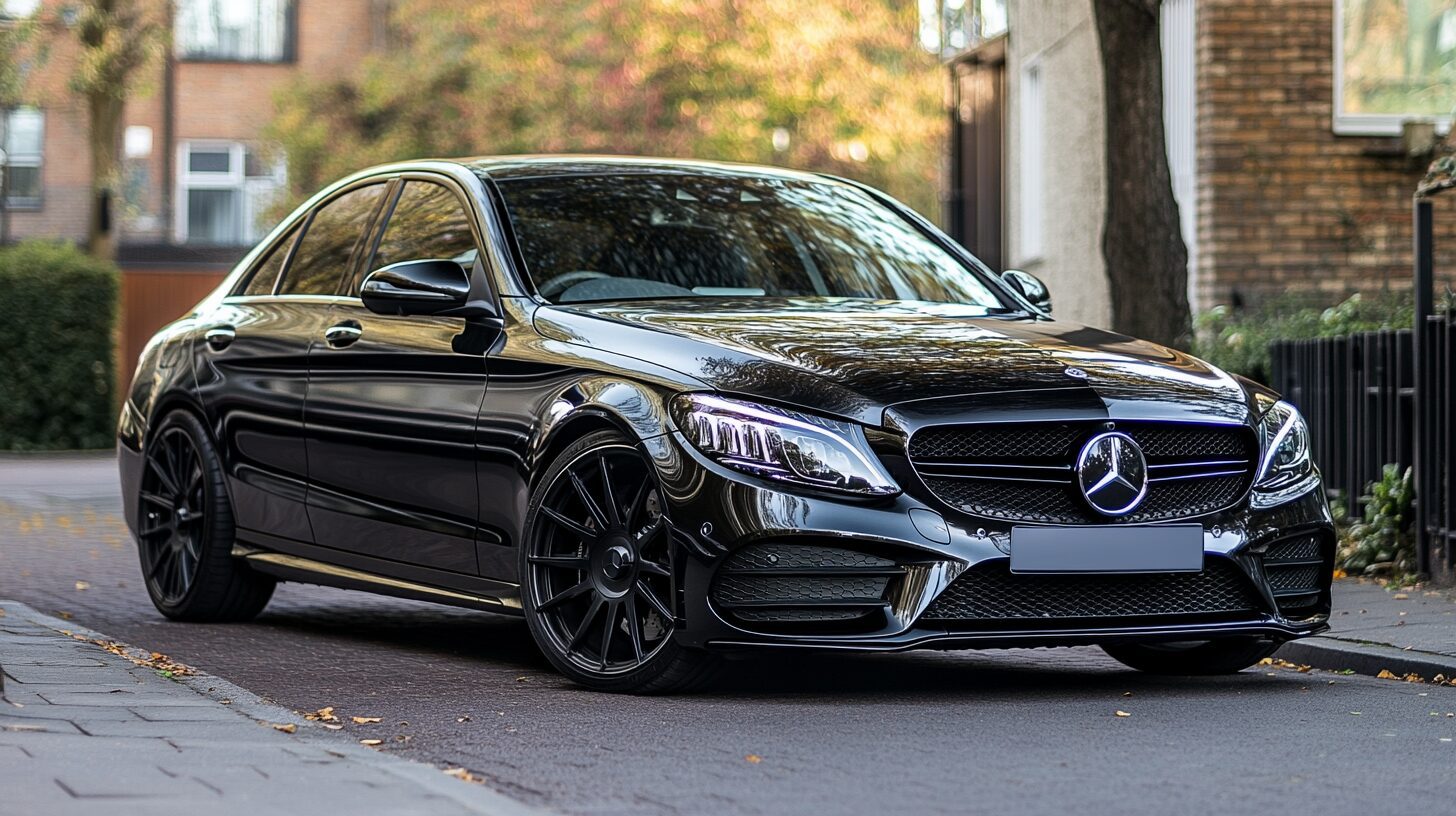 A sleek black Mercedes-Benz C-Class sedan parked on a street with autumn leaves, showcasing its glossy finish and custom wheels.