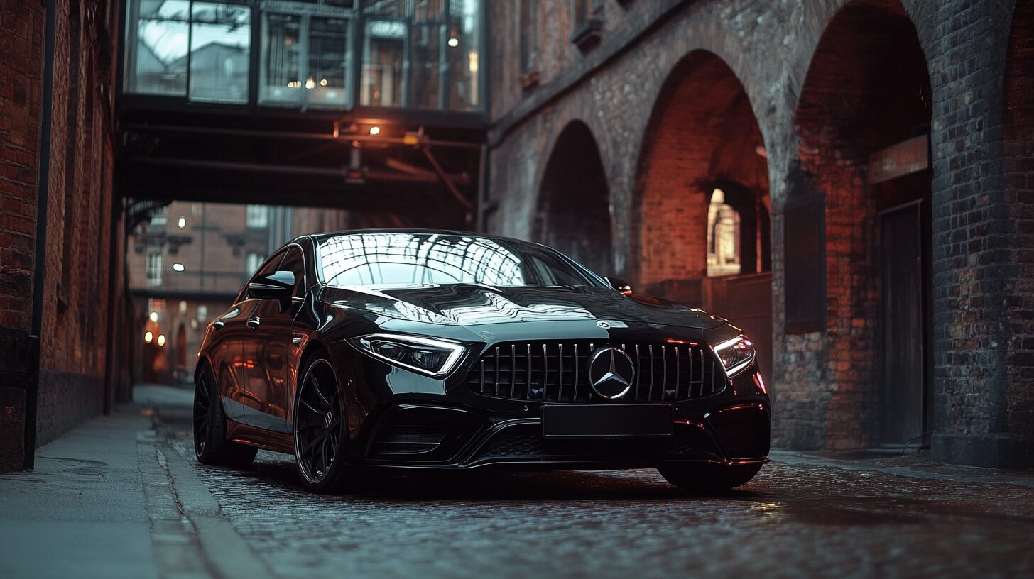 A sleek black Mercedes-Benz CLS parked on a cobblestone street in a historic urban alleyway at dusk.