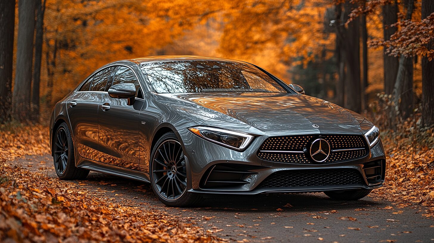 A sleek gray Mercedes-Benz CLS parked on an autumn road lined with trees.