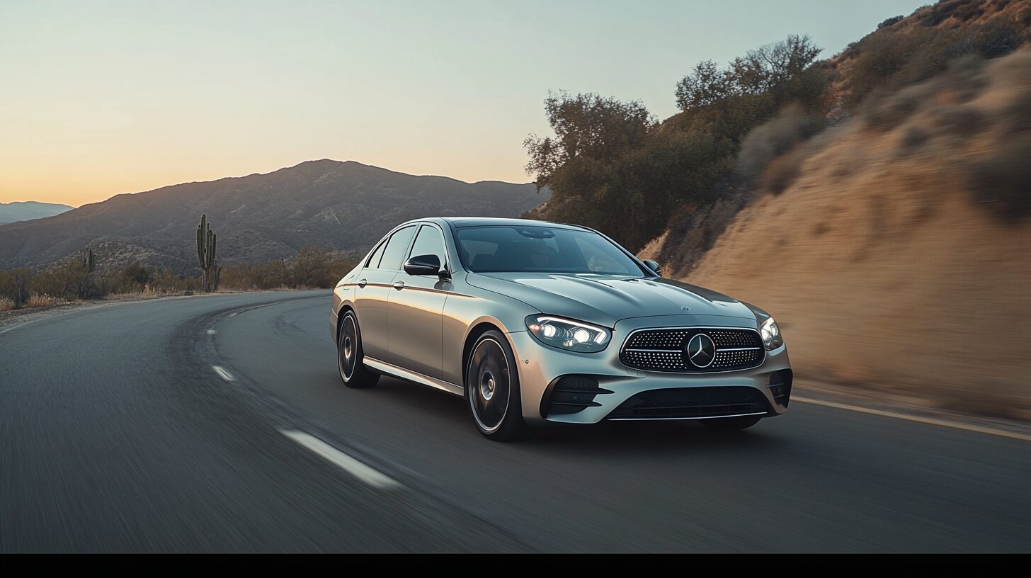 Silver Mercedes-Benz E-Class sedan driving on a winding desert road at sunset with mountains in the background.