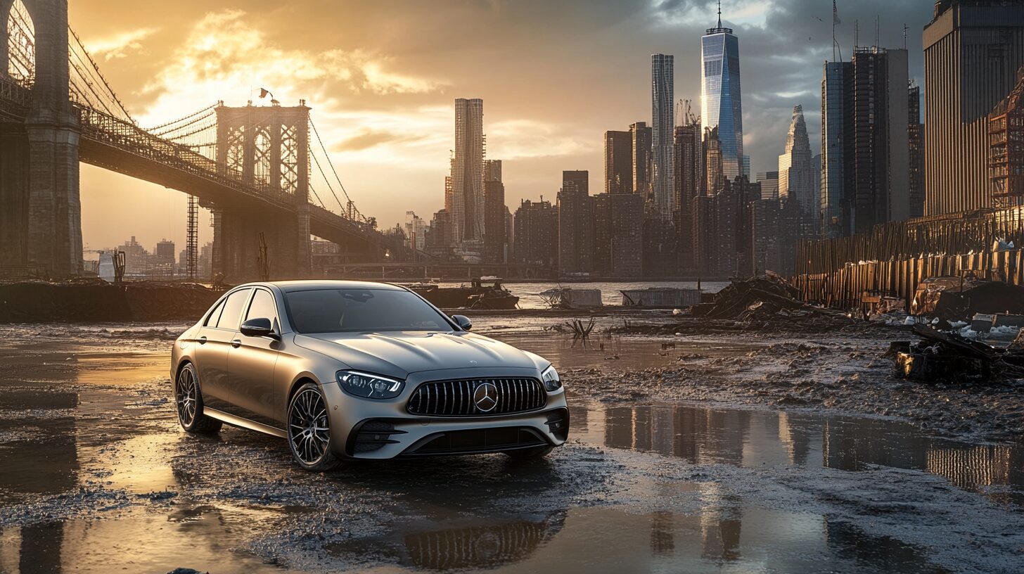 A silver Mercedes-Benz E-Class sedan parked on a muddy riverbank with the Brooklyn Bridge and NYC skyline at sunset.