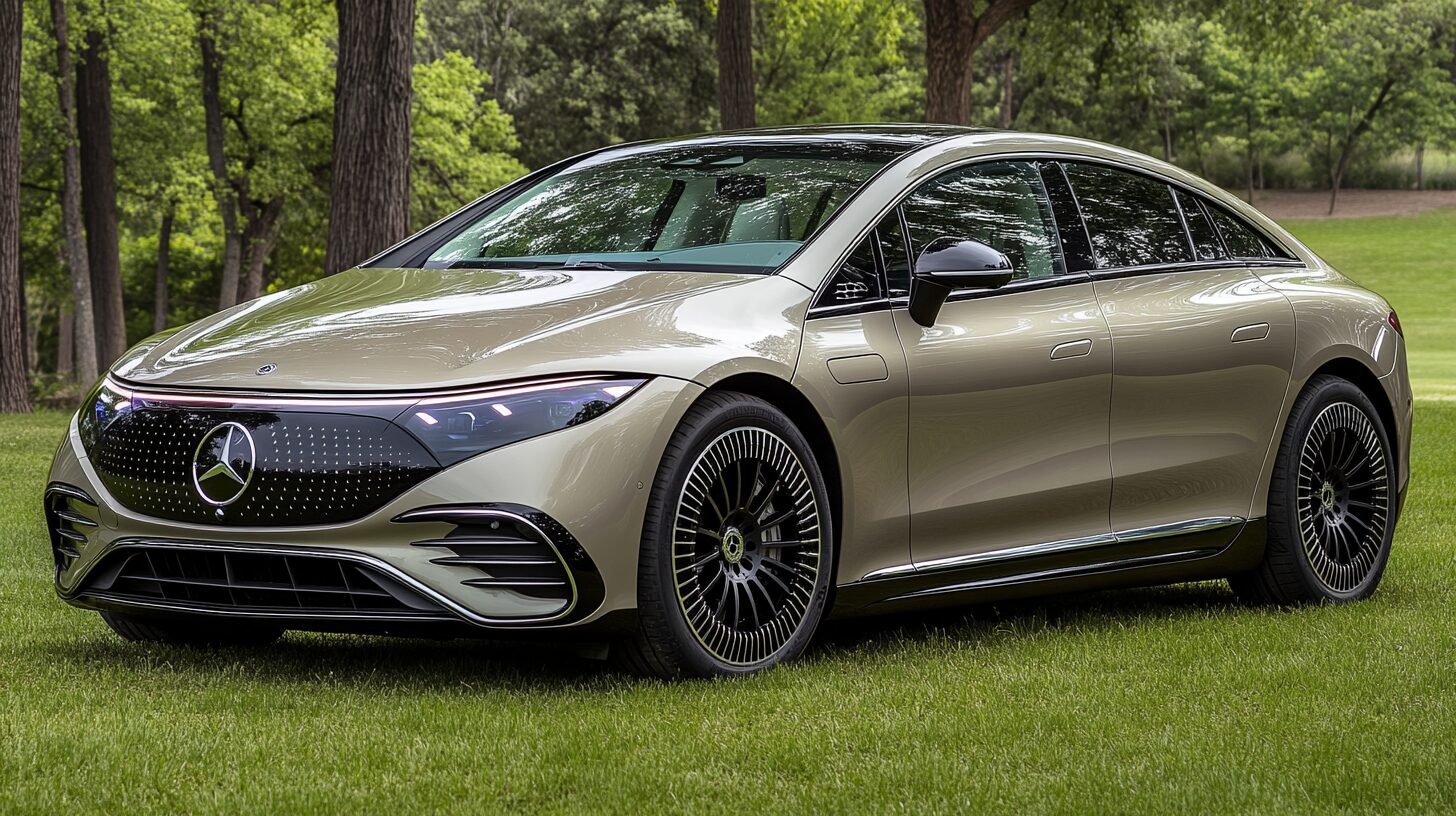 A gold Mercedes-Benz EQS electric car parked on a grassy lawn with trees in the background.