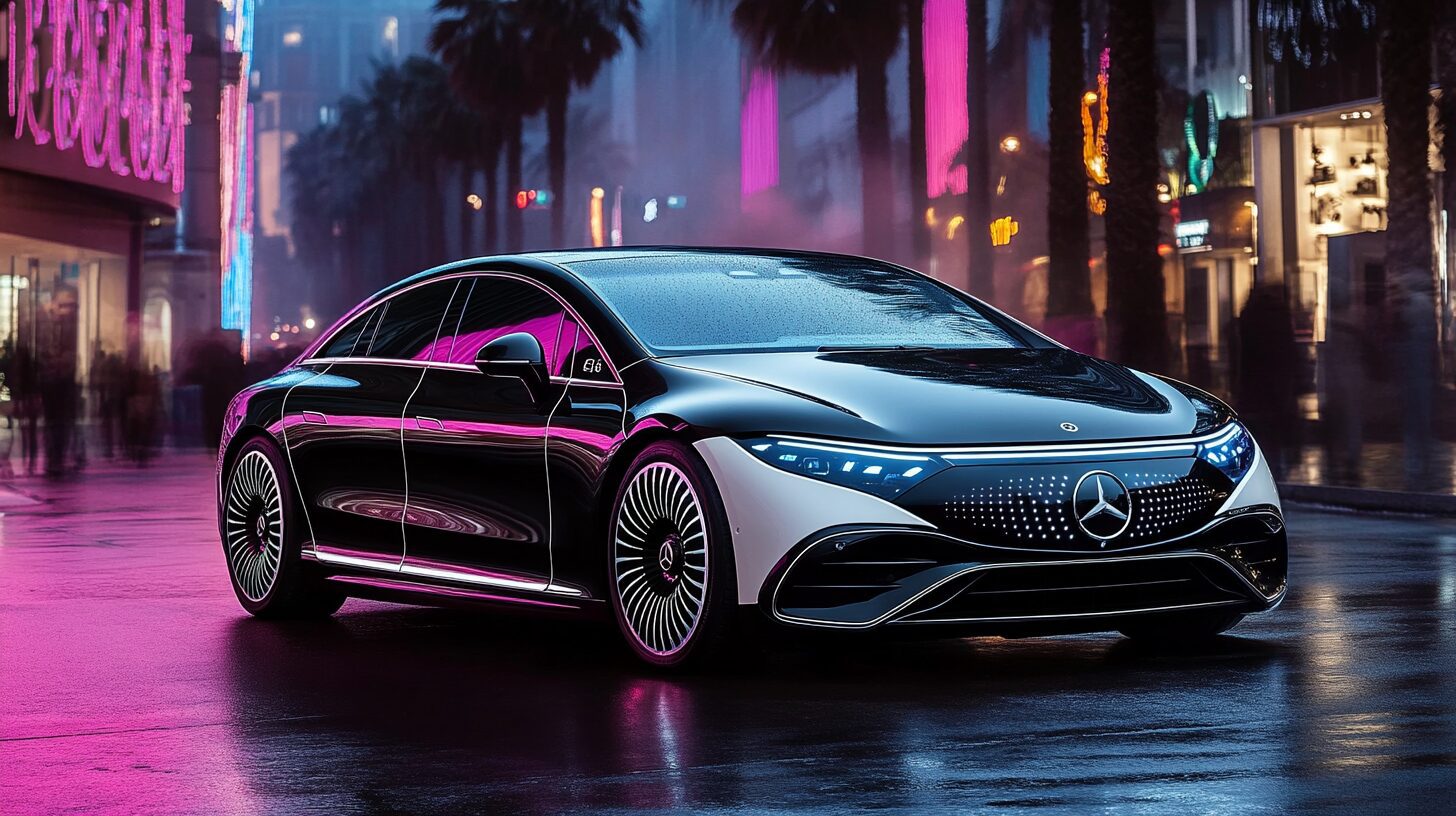 Mercedes-Benz EQS in a futuristic city at night with pink and blue neon lights.