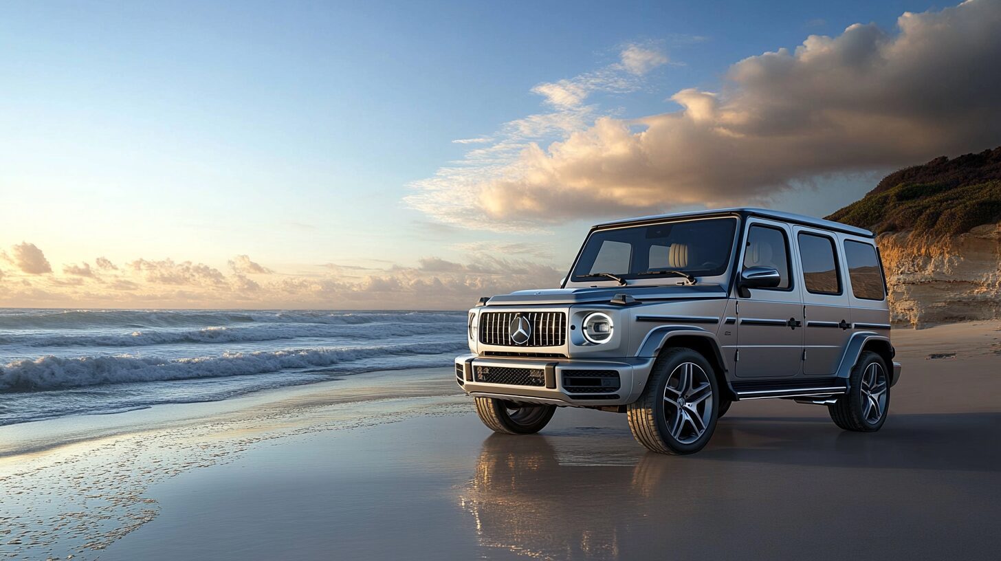 A silver Mercedes-Benz G-Wagen parked on a sandy beach with waves crashing in the background at sunset.