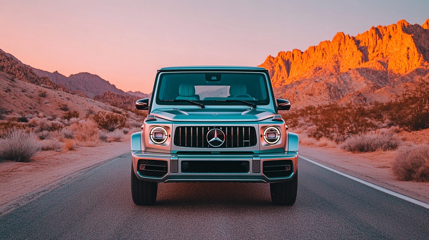 A silver Mercedes-Benz G-Wagen drives on a desert road at sunset, with mountains in the background.