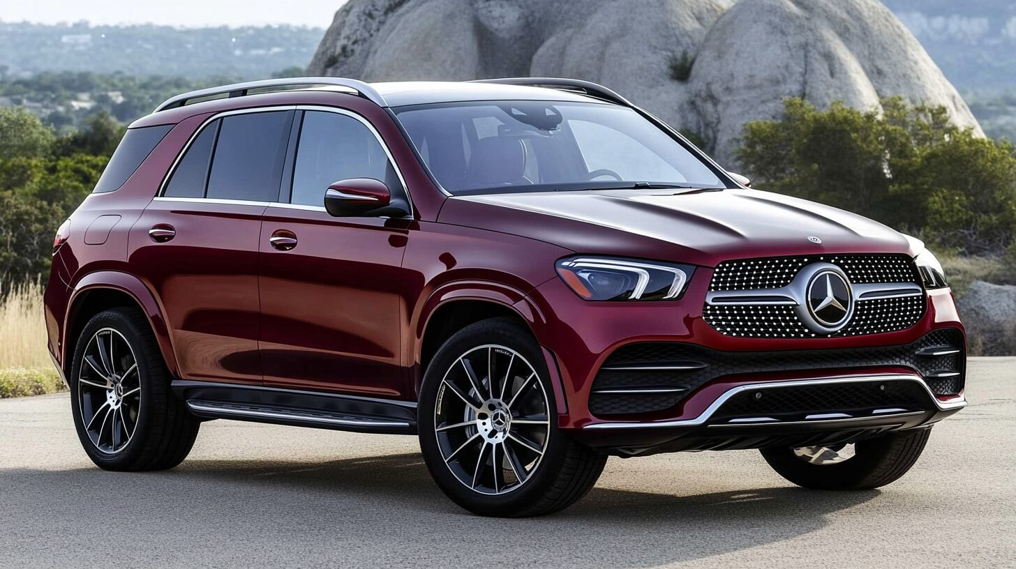 A red Mercedes-Benz GLE 450 SUV parked on a paved road with rocky hills in the background.