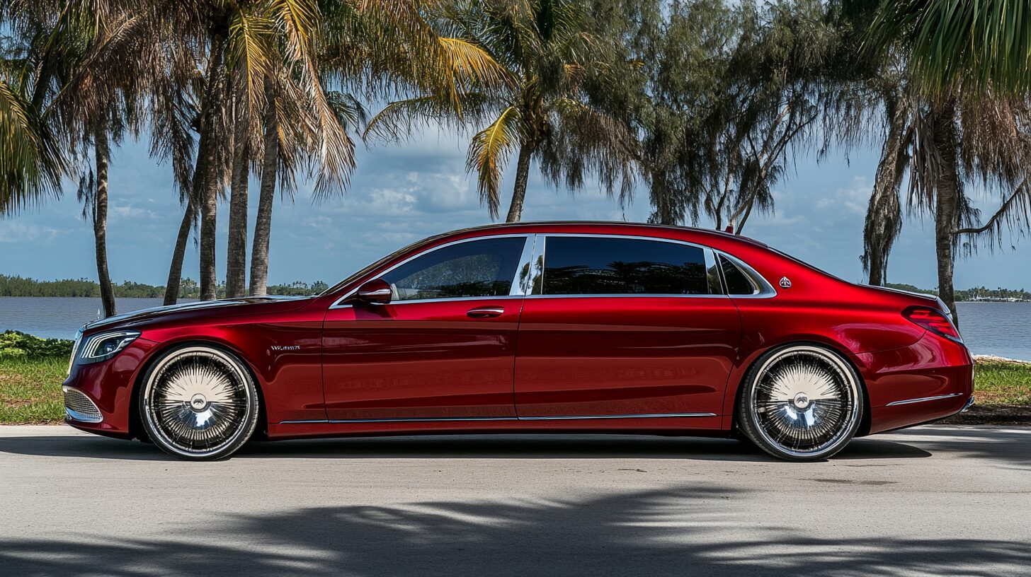 A red luxury sedan with chrome wheels parked on a road lined with palm trees next to a body of water.
