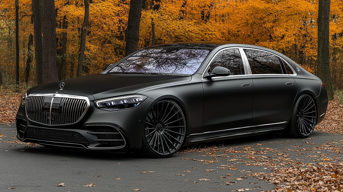 A sleek, matte black Mercedes-Benz S-Class sedan with custom black wheels parked on an autumn road.