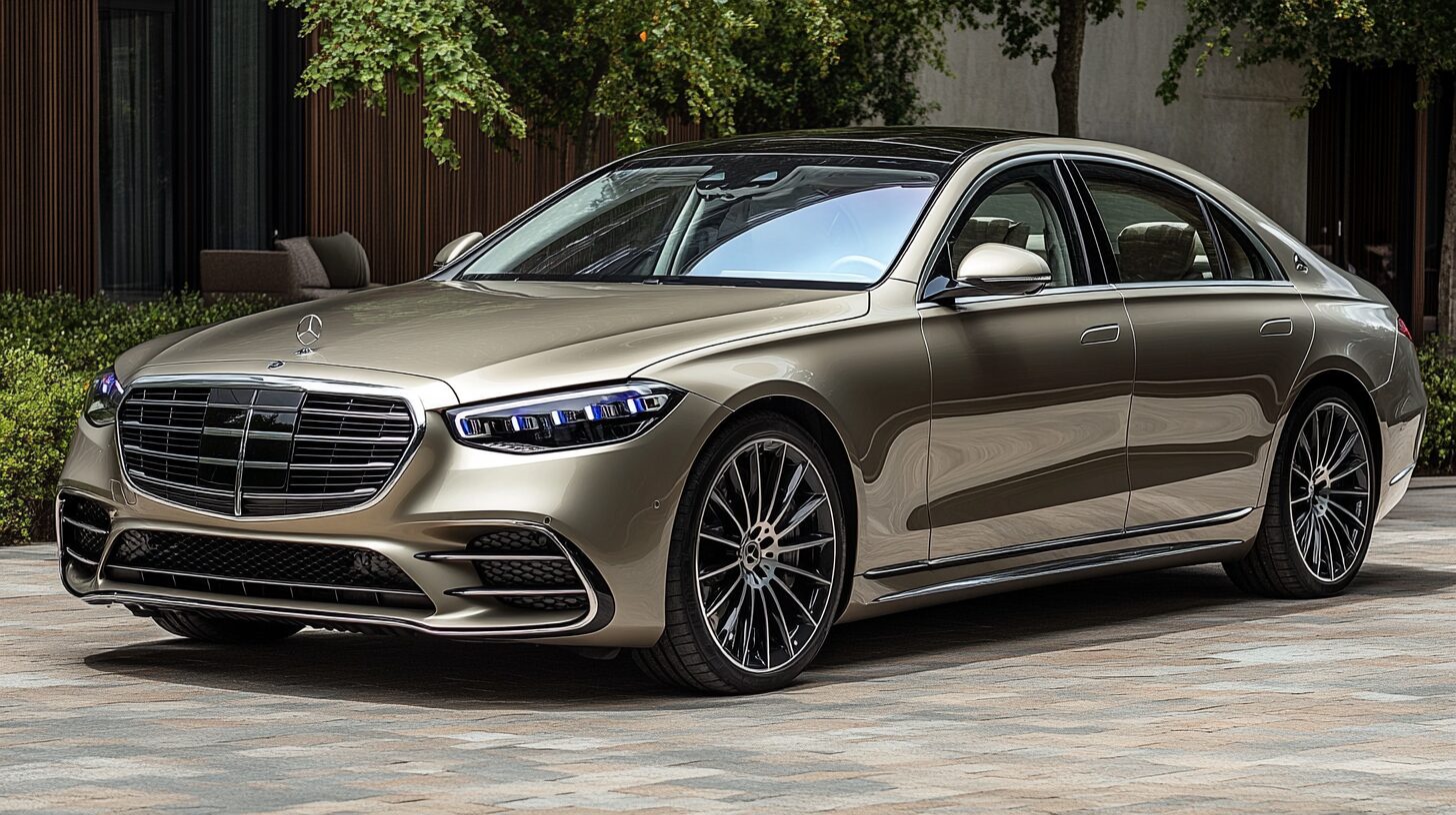 A gold Mercedes-Benz S-Class sedan parked on a stone driveway in front of a modern building with trees.