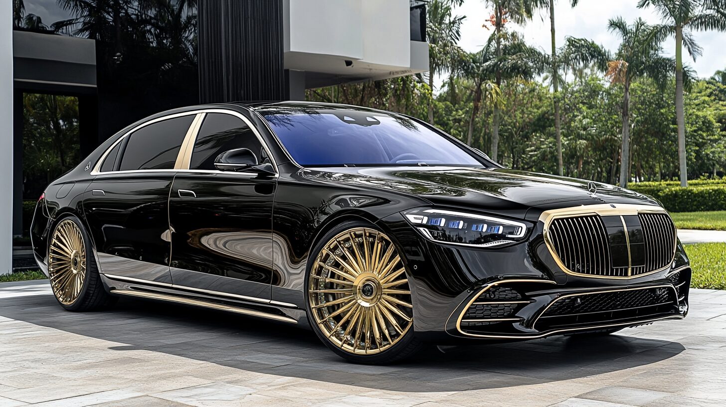 A black Mercedes-Benz S-Class with gold accents and gold multi-spoke wheels parked in front of a modern building.