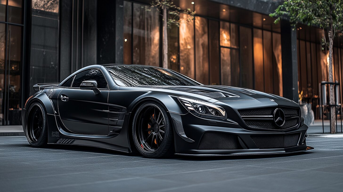 A sleek, black Mercedes-Benz SL 63 AMG Black Series parked on a city street.