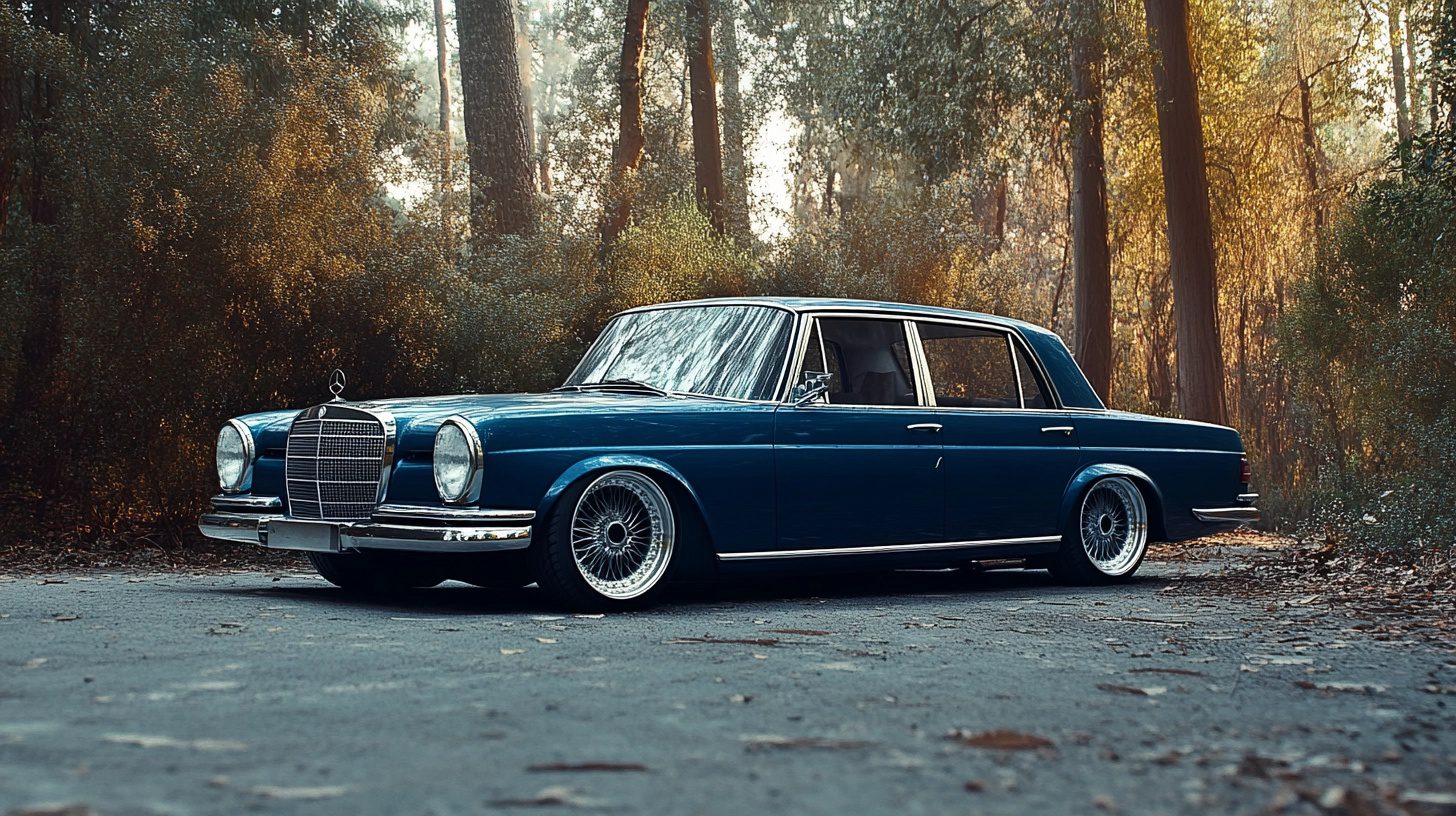 A classic blue Mercedes-Benz sedan with custom wheels parked on a forest road.