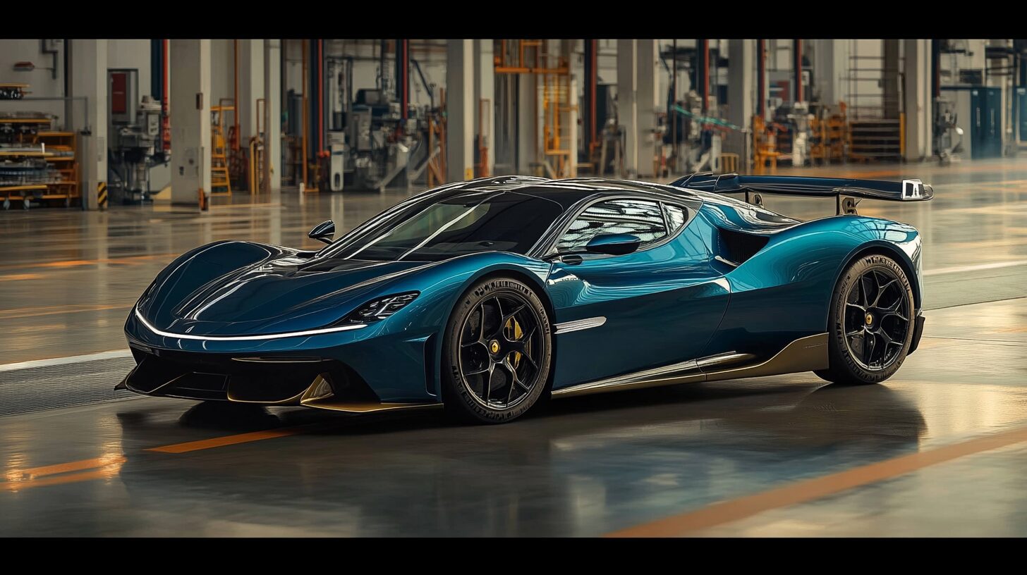 A sleek, teal Pininfarina Battista electric hypercar with gold accents in a factory.