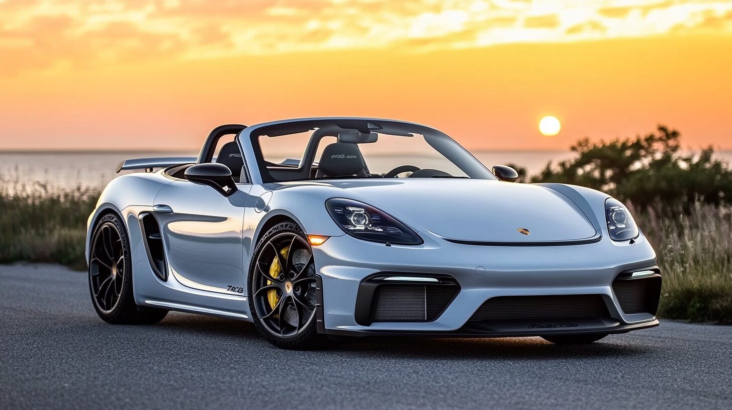 A silver Porsche 718 Spyder parked on a road with a sunset over the ocean in the background.