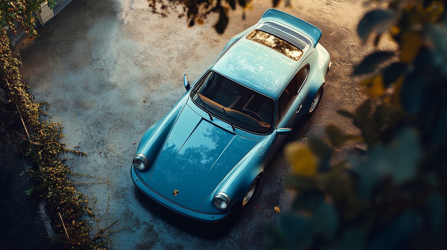 A light blue Porsche 911 Carrera parked on a wet asphalt driveway, viewed from above, surrounded by lush green foliage.
