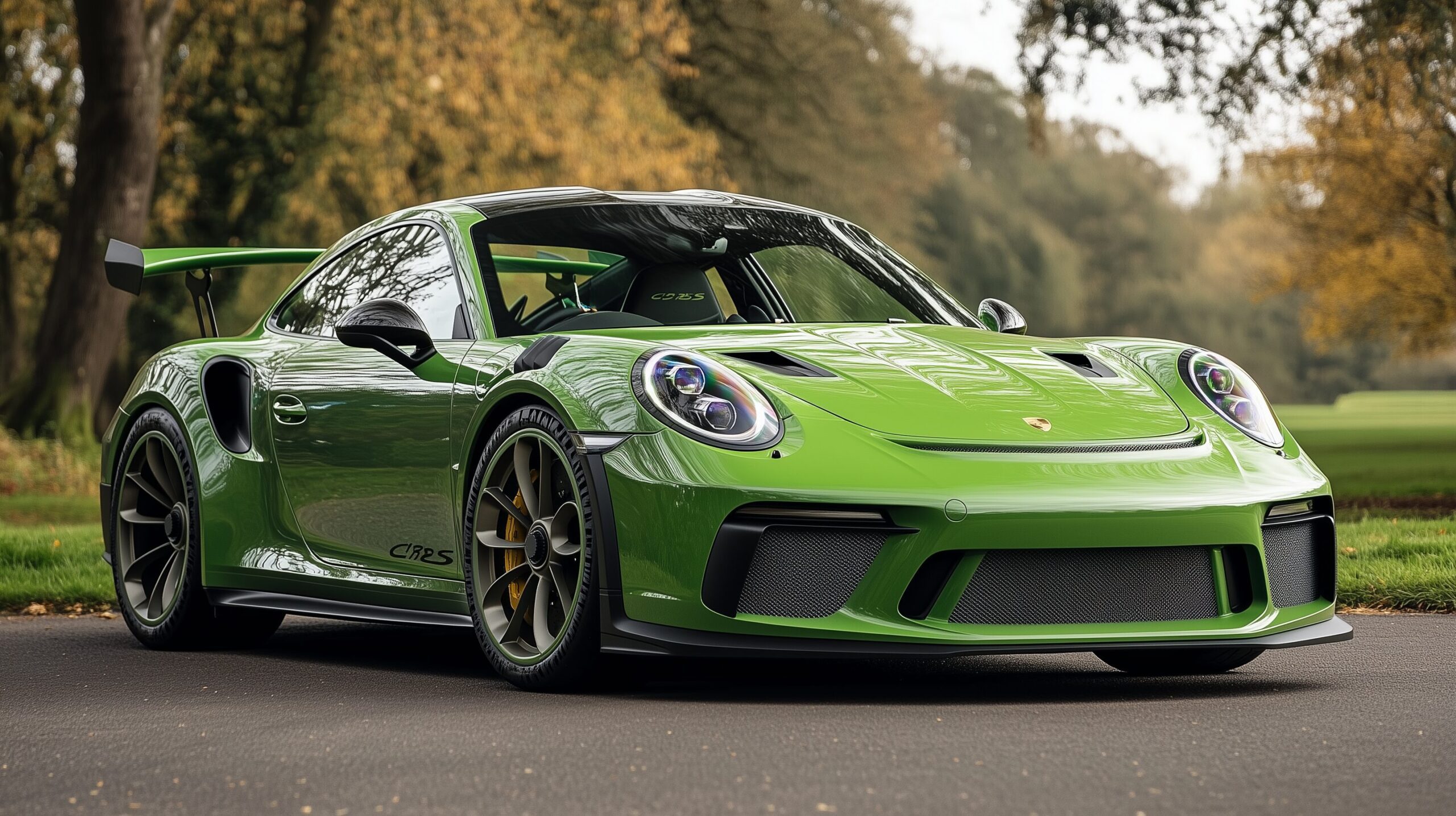 A vibrant green Porsche 911 GT3 RS parked outdoors, showcasing its sleek design and sporty features.