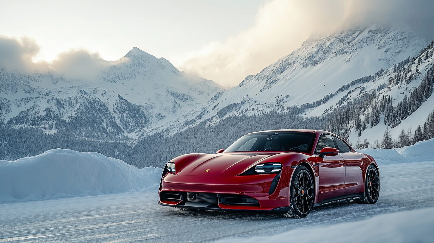 A red Porsche Taycan electric sports car on a snowy mountain road with snow-capped peaks in the background.