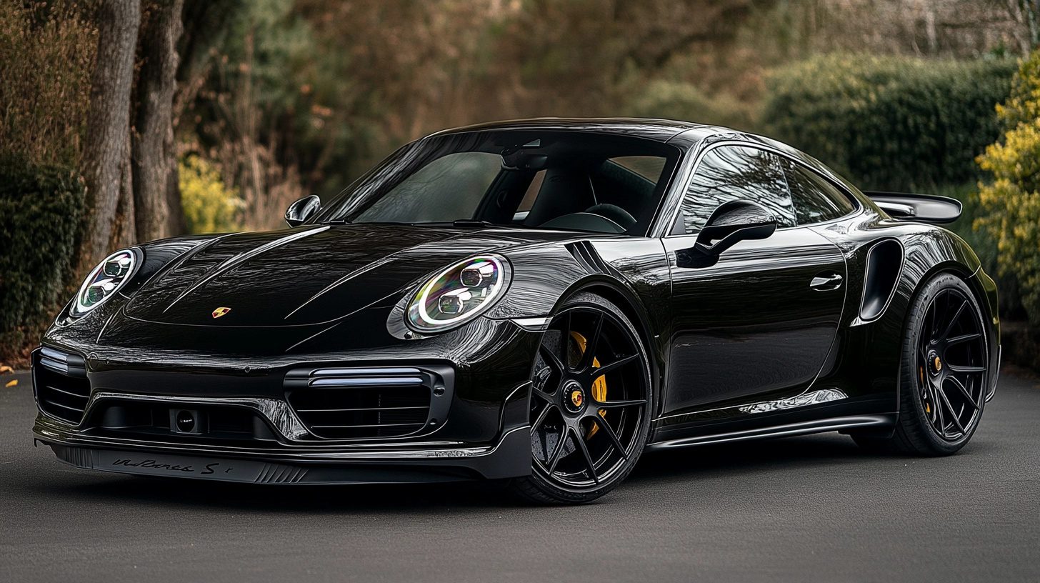 A sleek black Porsche 911 Turbo S parked on an asphalt road with trees in the background.