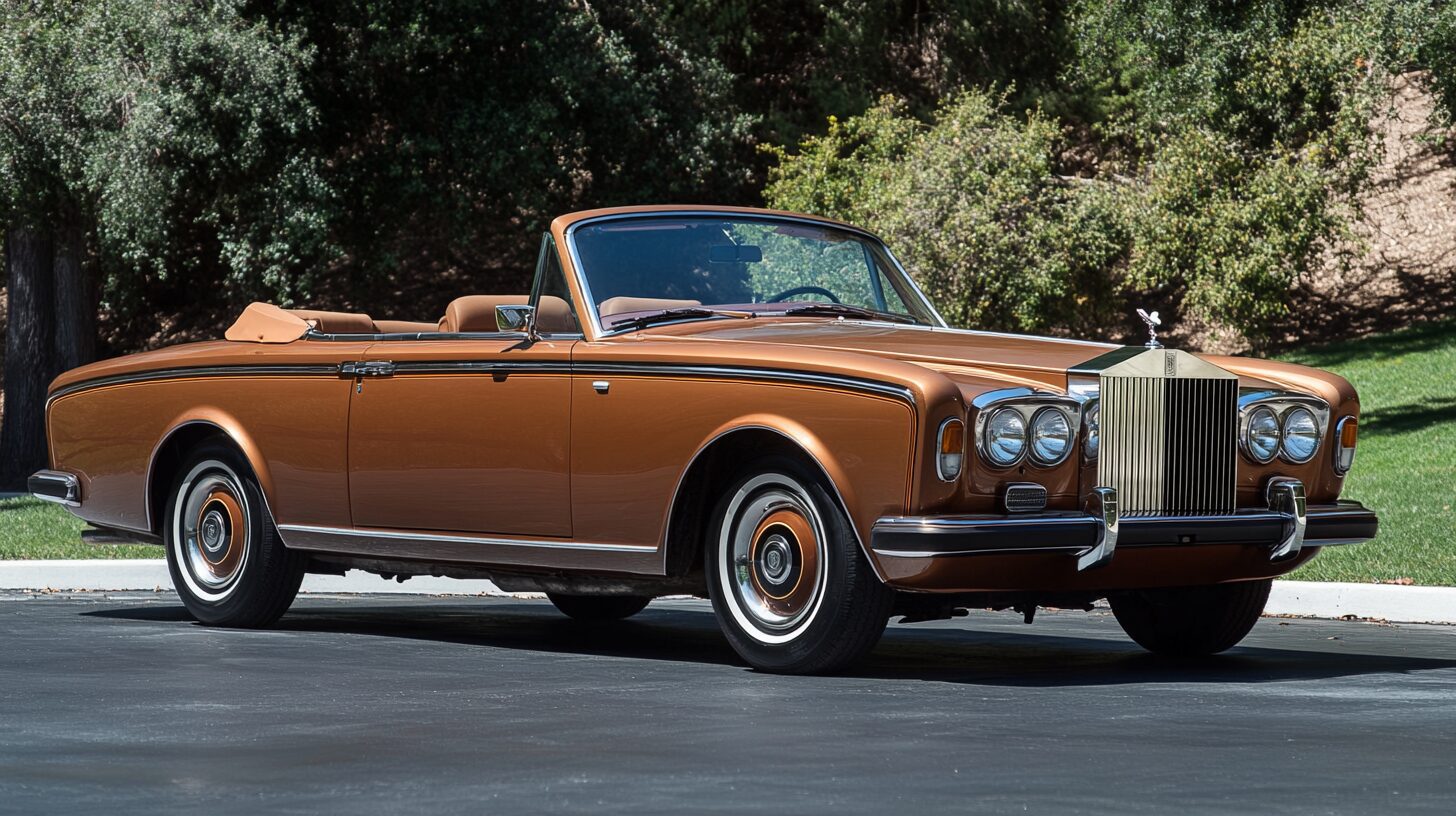A vintage bronze Rolls-Royce Corniche convertible parked on a paved surface with trees and bushes in the background.