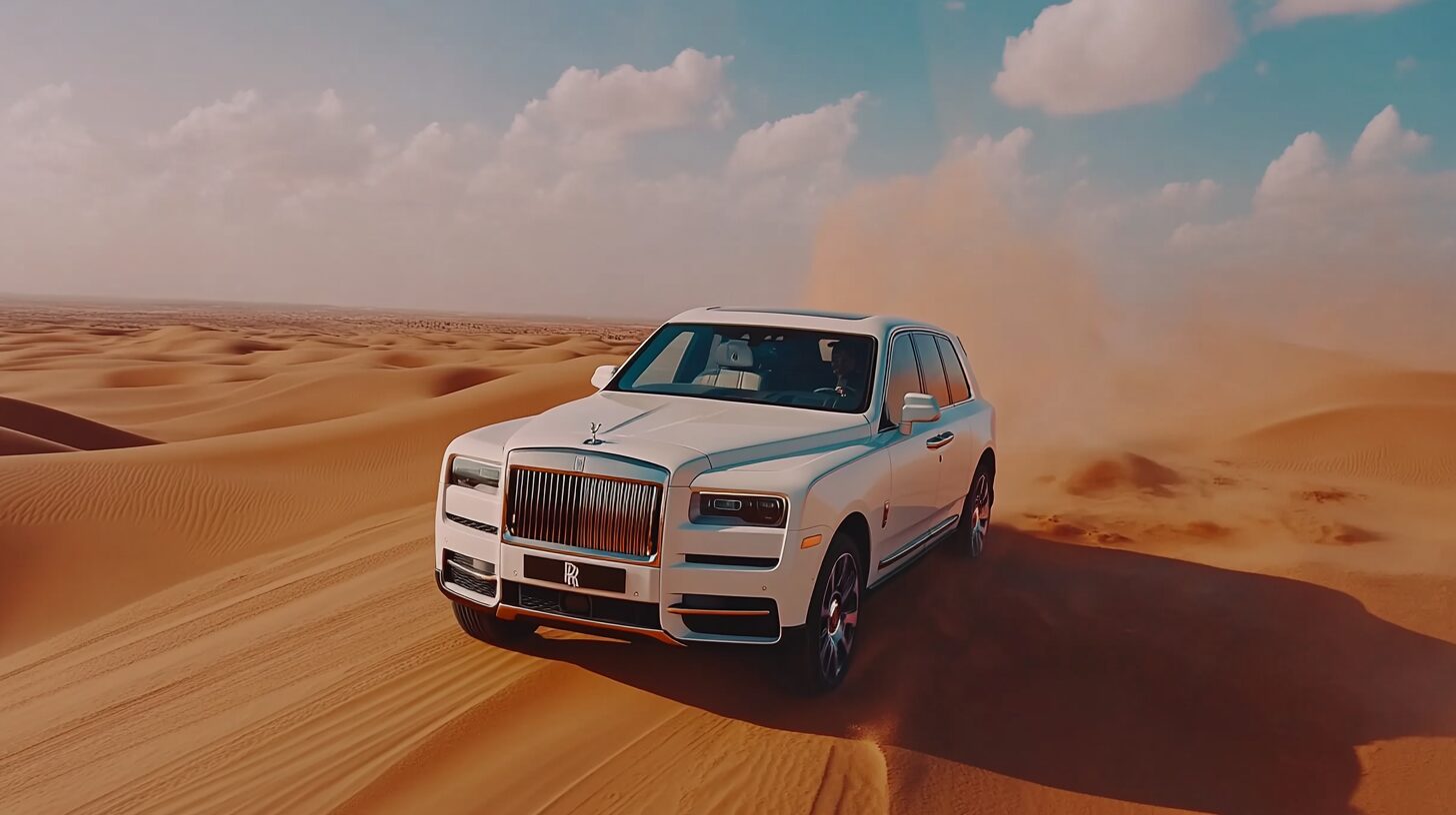 A white Rolls-Royce Cullinan SUV drives through a sandy desert landscape under a partly cloudy sky.