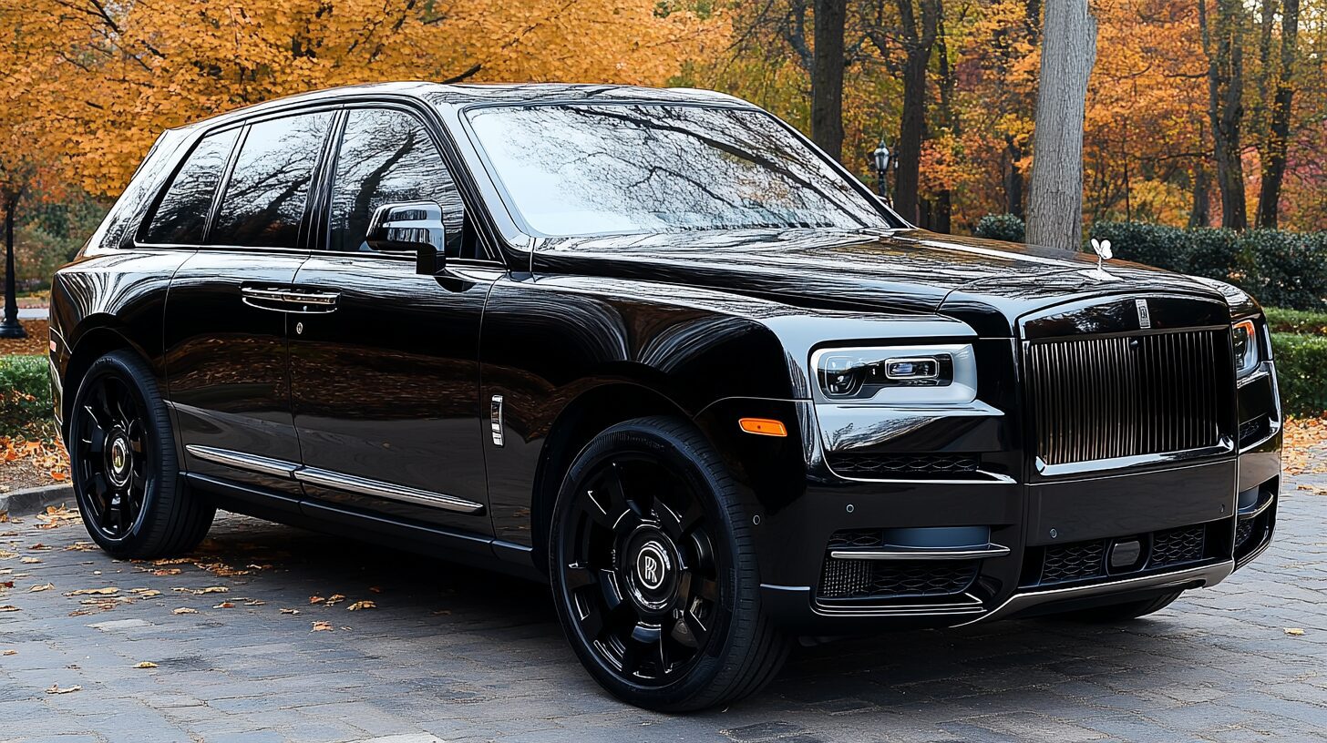 A black Rolls-Royce Cullinan parked on a paved surface with autumn trees in the background.