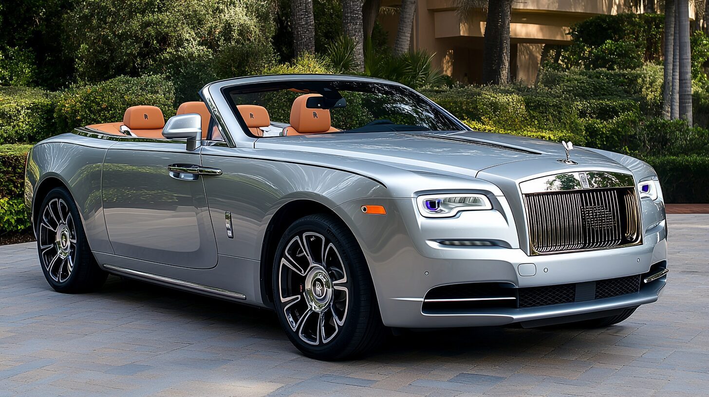 A silver Rolls-Royce Dawn convertible with a tan interior parked on a paved driveway surrounded by lush greenery.