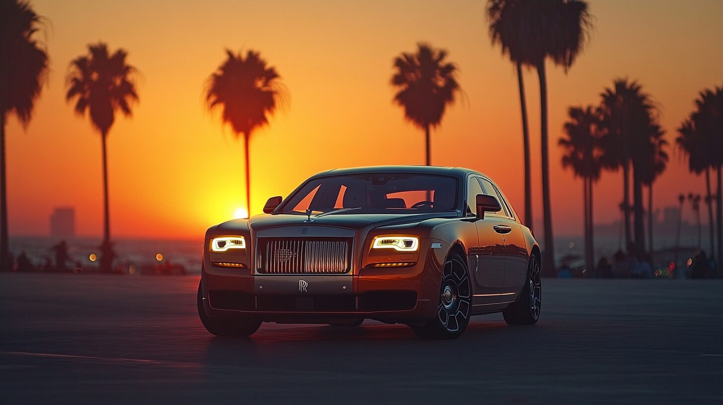 A luxurious Rolls-Royce Ghost parked at sunset with palm trees and a vibrant orange sky in the background.