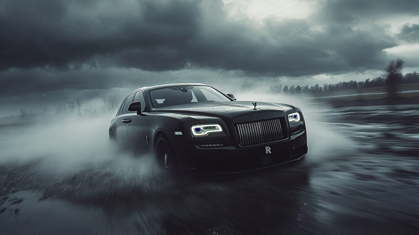 A black Rolls-Royce Ghost drives through a misty, dark, and stormy landscape.