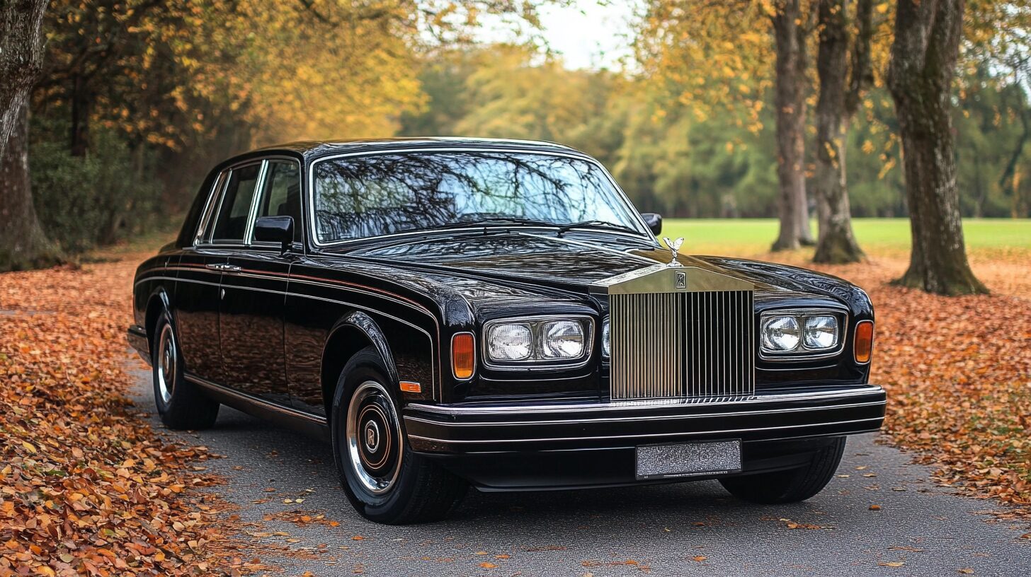 A black vintage Rolls-Royce Silver Shadow II parked on an autumn road with fallen leaves and trees.