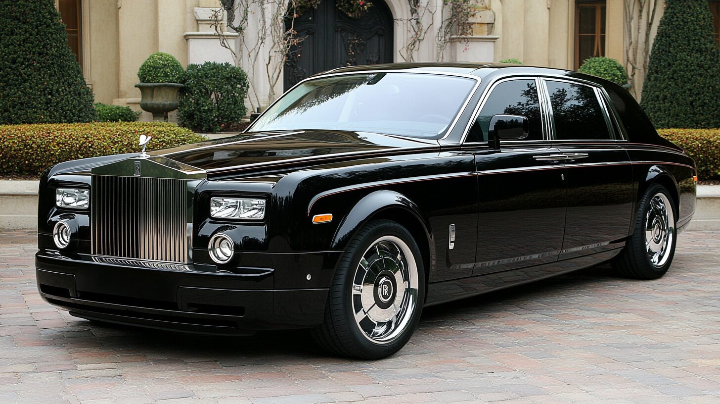 A black Rolls-Royce Phantom parked on a paved driveway in front of a luxurious house.