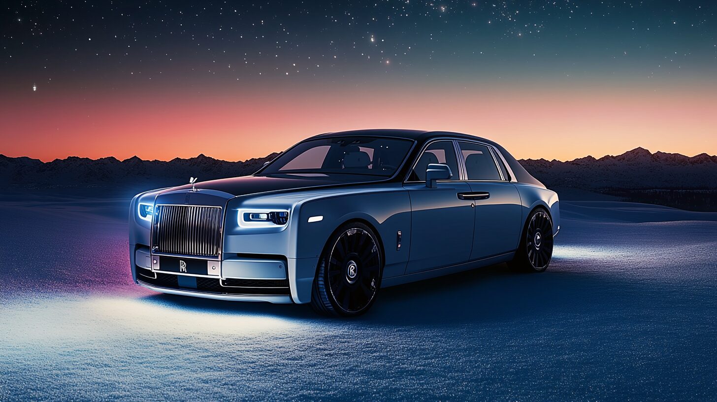 A luxurious Rolls-Royce Phantom parked in a snowy landscape under a starry, twilight sky.