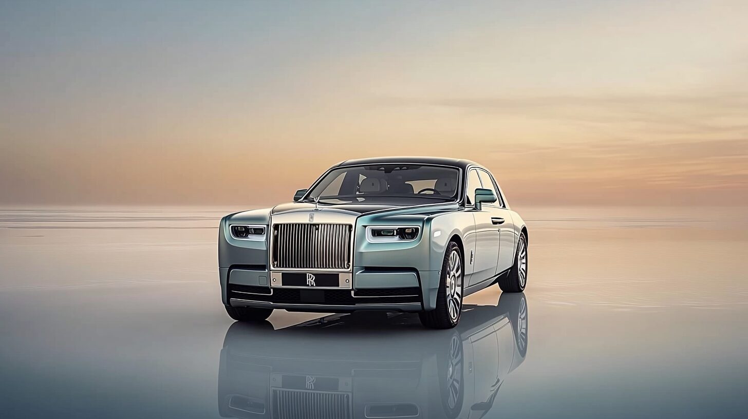 A luxurious Rolls-Royce Phantom in a light blue-green color, parked on a reflective surface under a soft, gradient sky.