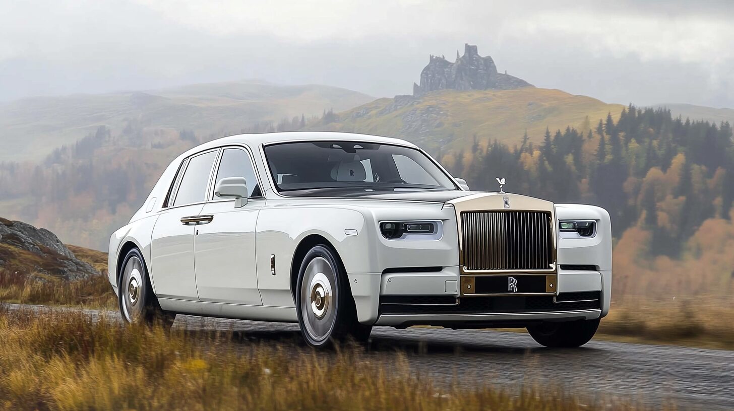 A white Rolls-Royce Phantom drives on a road with a castle on a hill in the background.