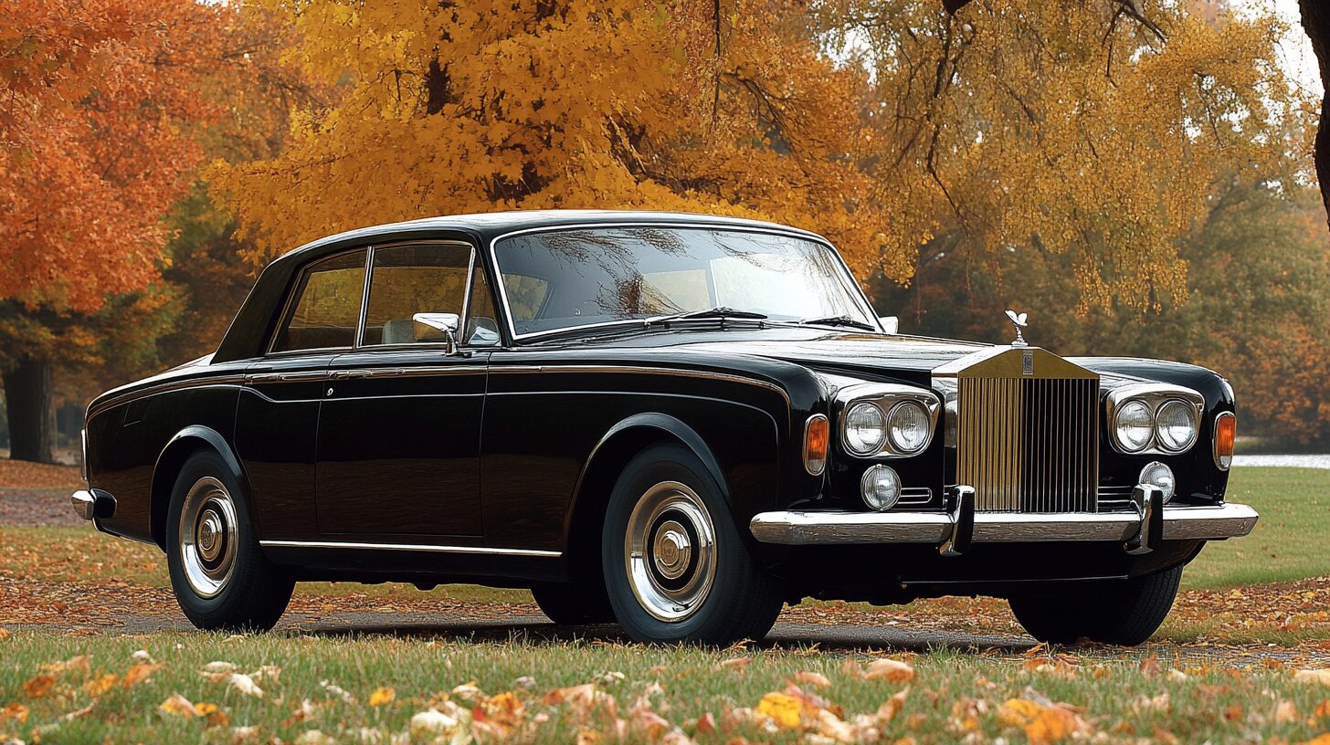 A black vintage Rolls-Royce Silver Shadow parked on a grassy lawn with autumn trees in the background.