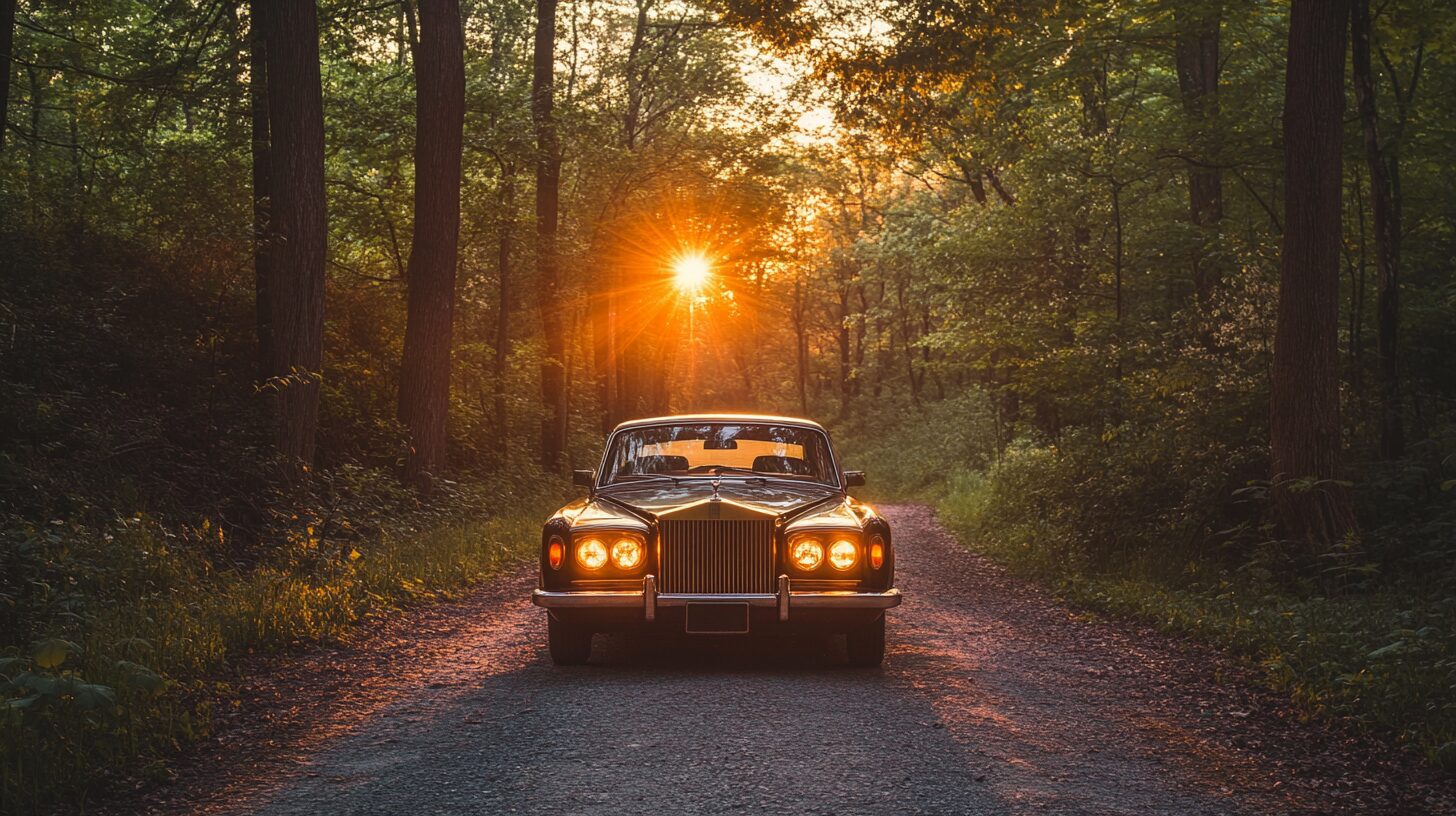 A classic Rolls Royce on a dirt road in a forest with the sun setting behind it.