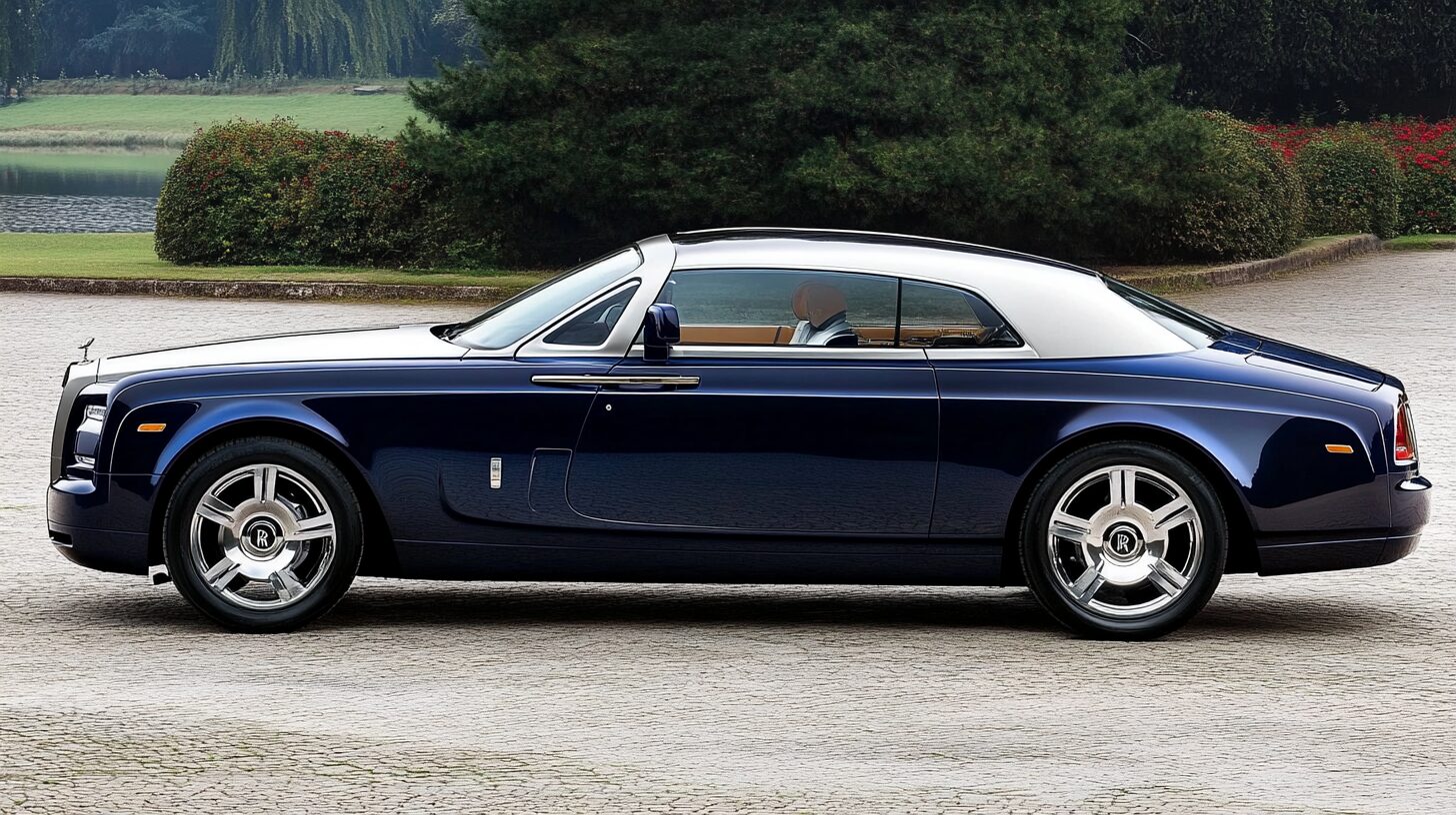 A luxurious dark blue Rolls-Royce Phantom Drophead Coupe with a silver roof, parked on a paved driveway.
