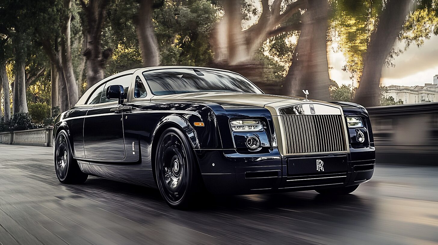 A black and gold Rolls-Royce Phantom Coupe driving on a tree-lined road at sunset.