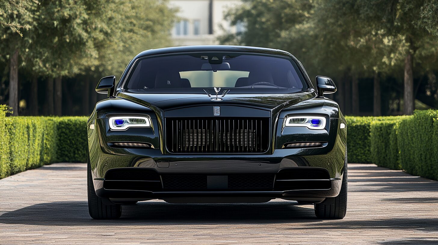 A black Rolls-Royce Wraith Black Badge parked on a paved driveway with trees and a building in the background.