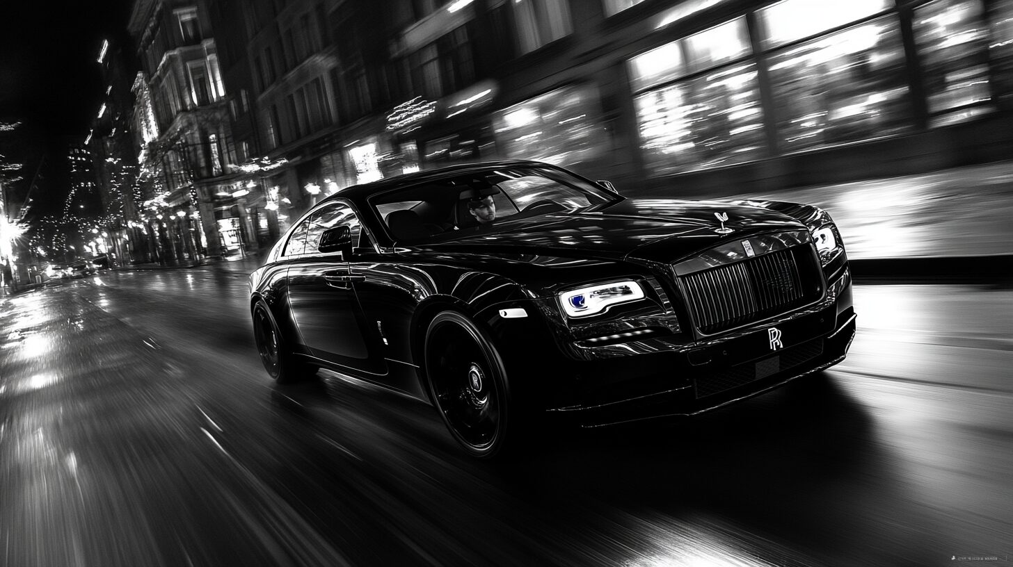 A black Rolls-Royce Wraith drives down a wet city street at night, motion blur conveying speed.