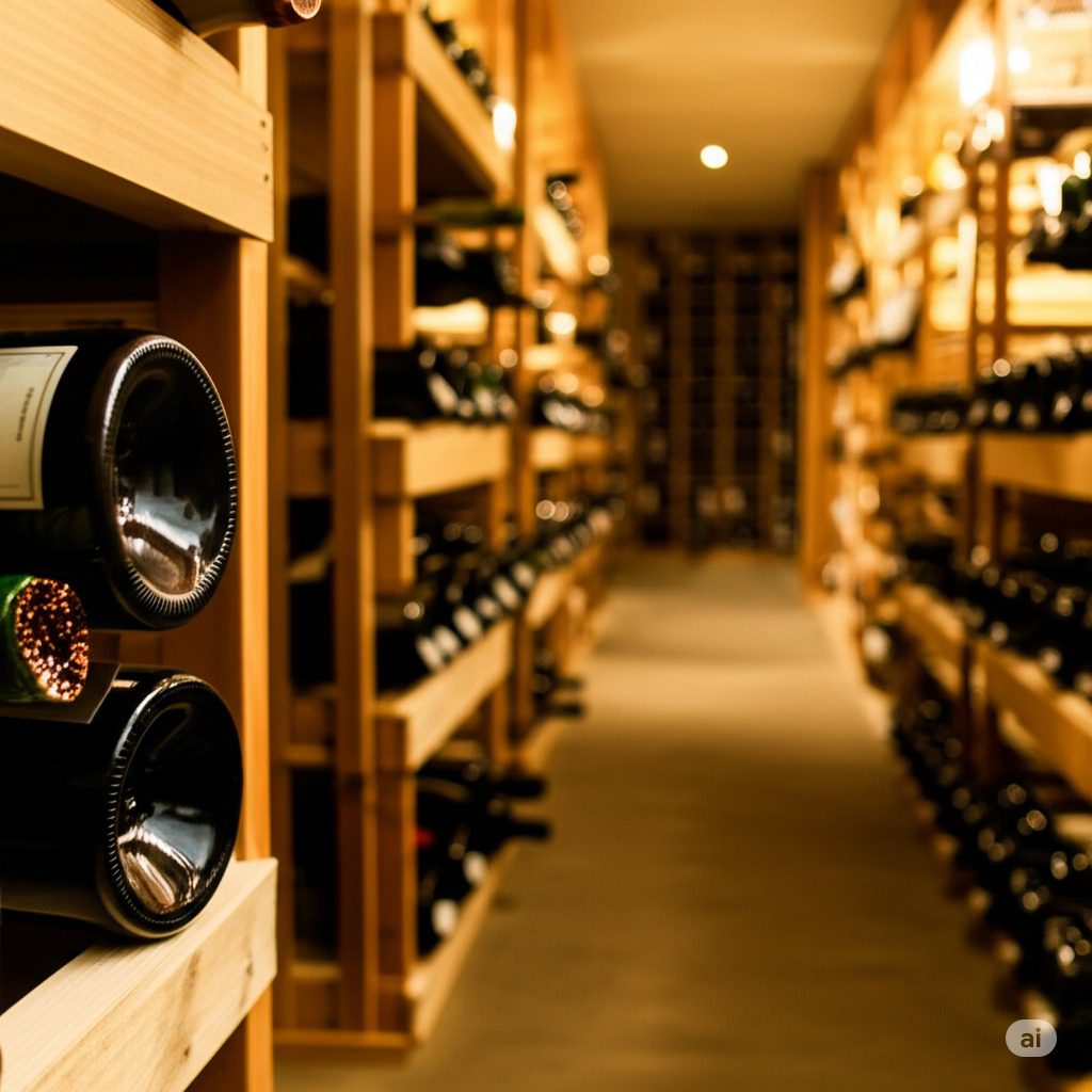 A long, narrow wine cellar with wooden shelves filled with wine bottles, stretching into the distance.