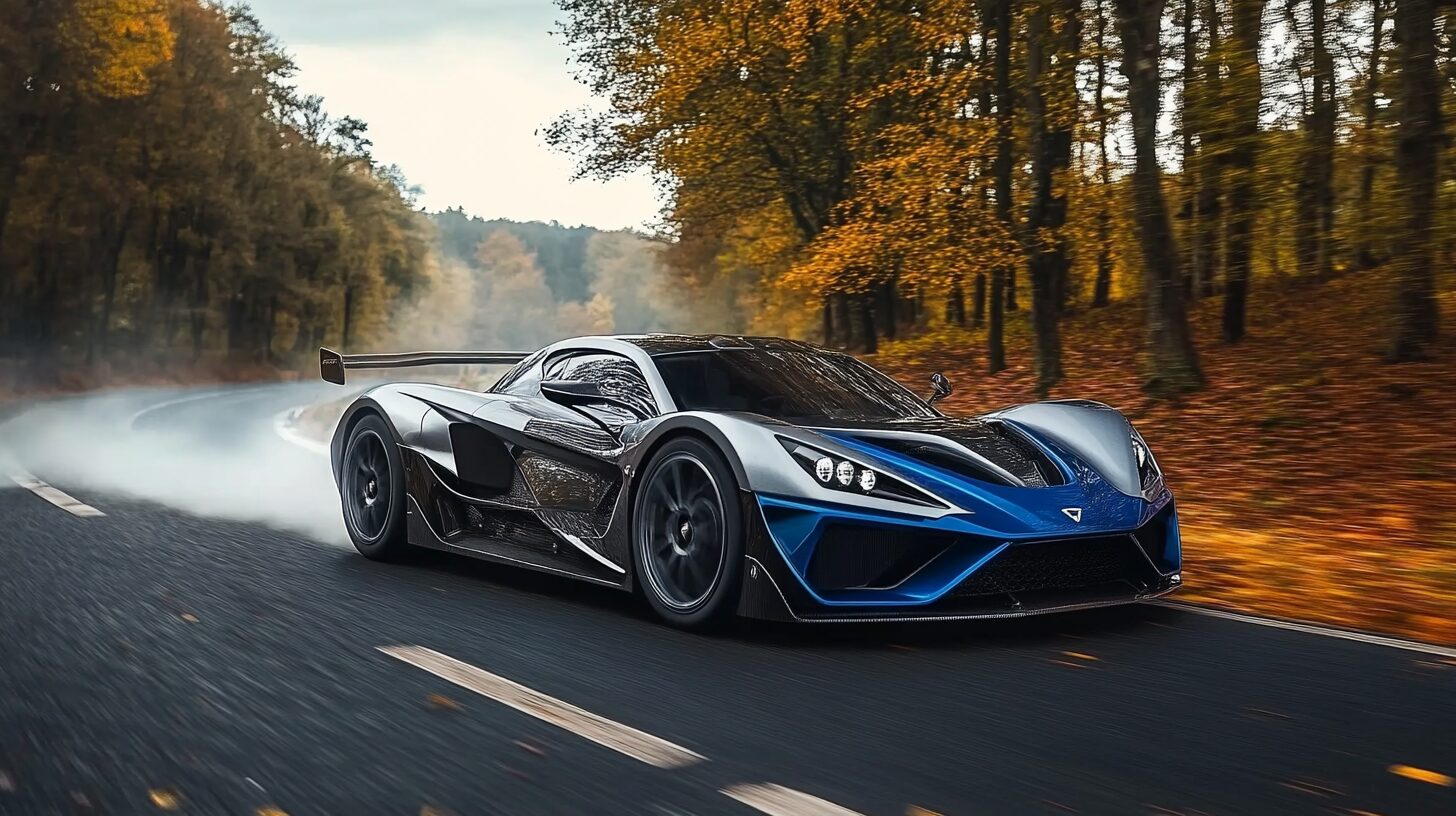 A silver and blue supercar speeds down a winding road lined with autumn trees, leaving a trail of smoke.