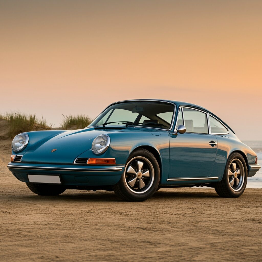 A classic blue Porsche 911 parked on a sandy beach at sunset, with the ocean in the background.